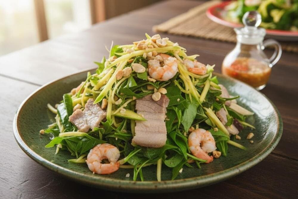 Gỏi sầu đâu là món ăn dân dã, sử dụng lá sầu đâu non kết hợp với tôm, thịt, hoặc cá khô, trộn cùng nước mắm chua ngọt.